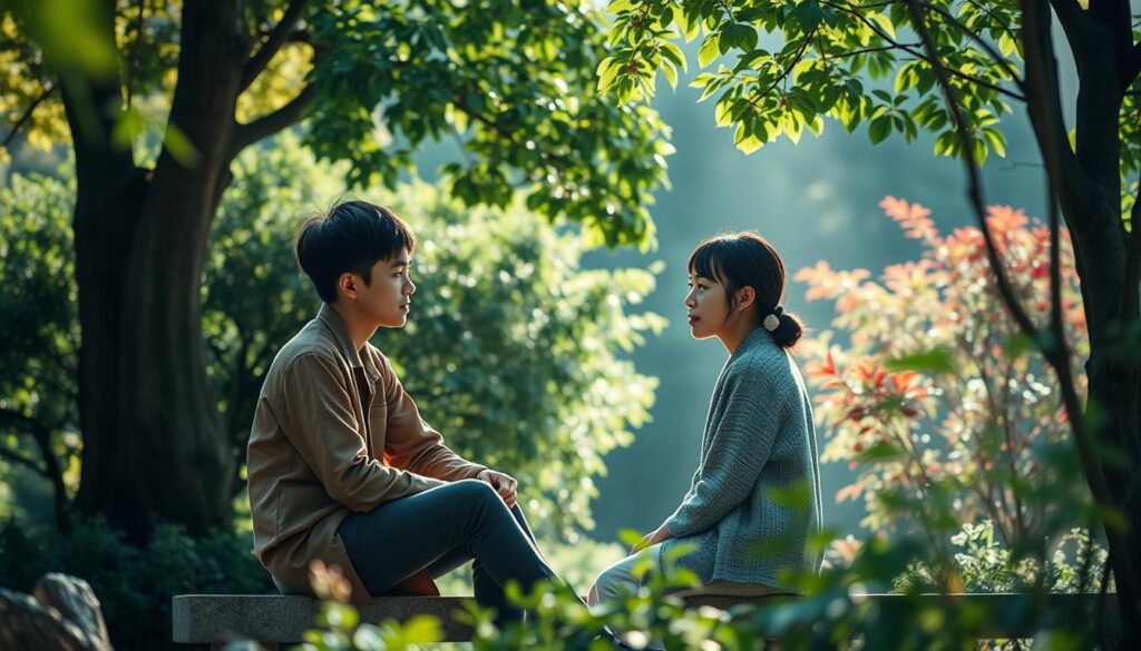 A tranquil garden setting, with a pair of young Japanese individuals seated on a stone bench, engaged in earnest conversation. Soft lighting filters through the lush foliage, casting a warm, contemplative atmosphere. The expressions on their faces convey a sense of trust and mutual understanding, reflecting the core principles of building lasting relationships. The scene is captured with a photographic realism, highlighting the nuanced interplay of body language and facial cues that embody the essence of "trust-building and promise-keeping".