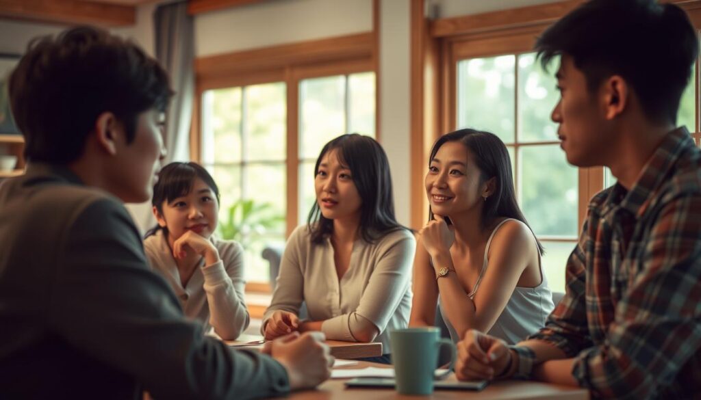A tranquil indoor setting with natural lighting, capturing a group of young Japanese-looking individuals in a thoughtful, introspective pose. They are seated around a table, engaged in a lively discussion, their expressions suggesting compatibility and mutual understanding. The scene is warm and inviting, with a sense of harmony and intellectual connection. The composition is balanced, with the figures occupying the midground, and the background softly blurred, creating a sense of focus on the interactions. The lighting is soft and diffused, adding to the serene atmosphere. The overall mood is one of camaraderie, insight, and a shared understanding among the personalities depicted.