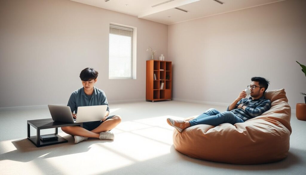 A tranquil, minimalist office space bathed in soft, natural light. A young, casually dressed Japanese professional sits cross-legged on the floor, laptop open on a low table, deep in focused work. Nearby, a colleague relaxes on a plush beanbag, sipping coffee. The atmosphere is one of flexibility, balance, and a harmonious blend of productivity and relaxation. Warm, earthy tones create a sense of calm, while sleek, modern furnishings evoke a contemporary, tech-forward sensibility. The overall impression is of a workspace that seamlessly integrates work and life, fostering creativity and well-being.
