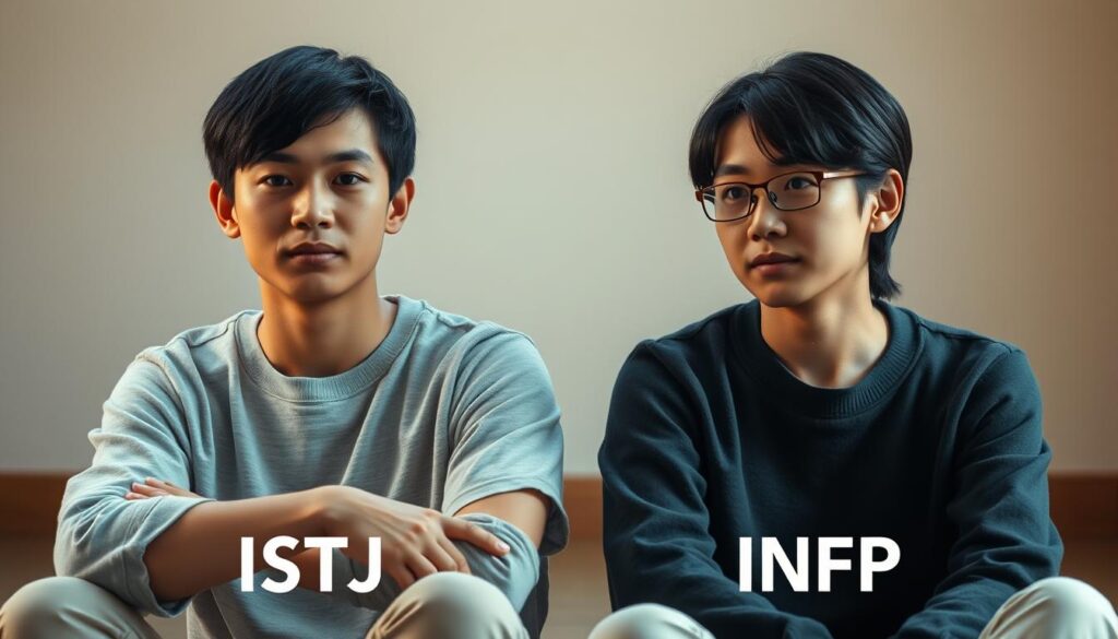A tranquil, naturalistic scene depicting two young, Japanese-looking individuals sitting side by side, one with an ISTJ personality type and the other with an INFP. They are framed in a soft, warm lighting, their expressions reflecting the distinct yet complementary nuances of their Myers-Briggs personalities. The ISTJ appears composed, pragmatic, and detail-oriented, while the INFP exhibits a more introspective, imaginative demeanor. The background is a minimalist, serene setting, allowing the central figures to be the focal point, inviting the viewer to contemplate the dynamics and contrasts between these two fascinating personality types.
