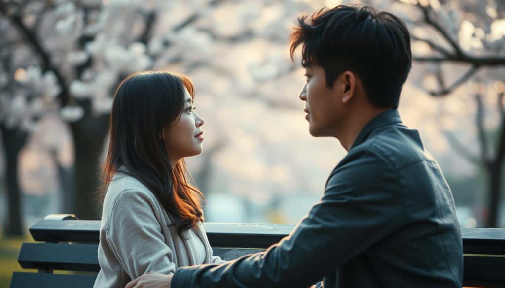A tranquil outdoor scene, with a young Japanese-looking couple sitting on a park bench, lost in an intimate conversation. The soft, diffused lighting creates a warm, romantic atmosphere, gently illuminating their features. The man and woman are gazing into each other's eyes, their body language conveying a sense of emotional connection and balance. In the background, blurred cherry blossom trees sway, adding a dreamlike quality to the scene. The composition is well-balanced, with the figures positioned in the foreground, allowing the viewer to focus on the delicate relationship dynamics. The overall mood is one of tenderness and harmony, reflecting the nuances of love and interpersonal relationships.