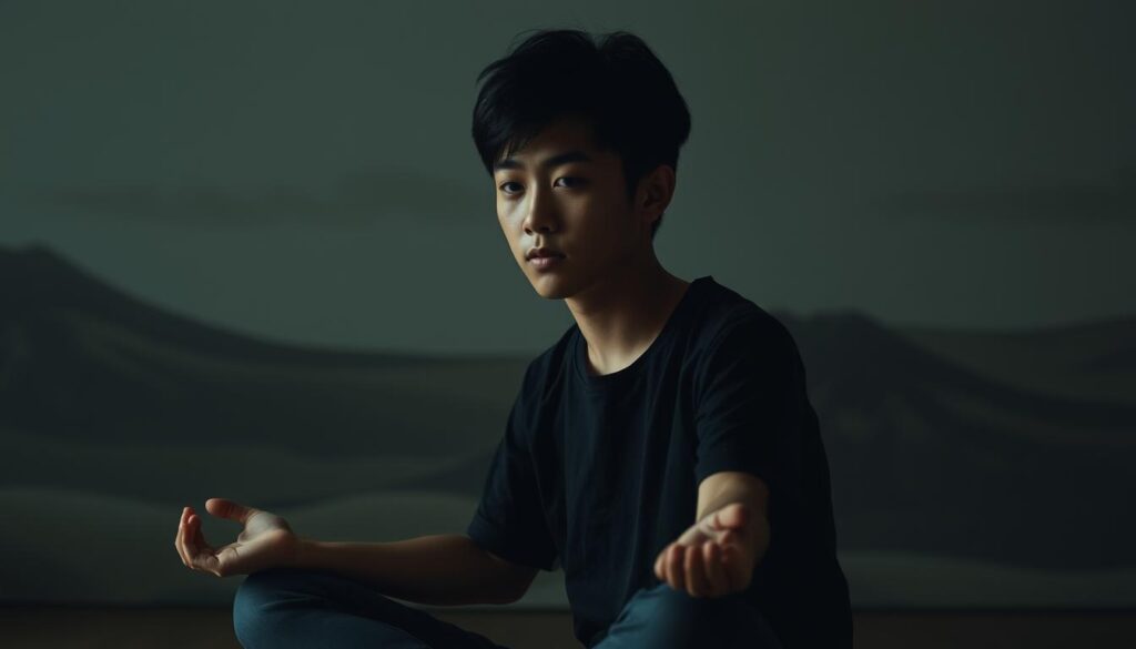 A tranquil, pensive atmosphere envelops the scene. A young, Japanese-looking person sits in a meditative pose, their dark, thoughtful gaze introspectively surveying the space. Soft, natural lighting gently illuminates their features, casting subtle shadows that suggest the depth of their inner world. The background is a muted, abstract landscape, hinting at the psychological undercurrents that shape the individual's perspective. The overall impression is one of quiet contemplation, a window into the private, introspective realm of the INTJ's psychological landscape.