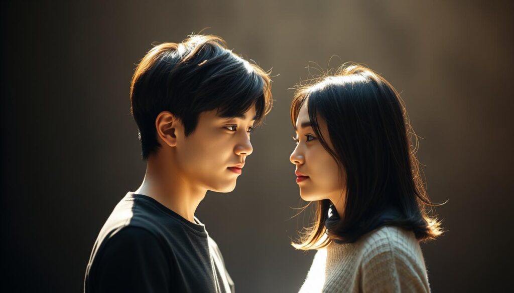 A tranquil, resonant scene unfolds - two young, dark-haired Japanese-looking individuals stand face-to-face, their expressions mirroring a deep, intuitive understanding. Soft, diffused lighting envelops them, creating an atmosphere of warmth and connection. Their bodies angle inward, illustrating the synergy between two sensing, feeling types. The background blurs, allowing the viewers' focus to remain on the harmonious, almost palpable bond shared by these ESFJ counterparts.