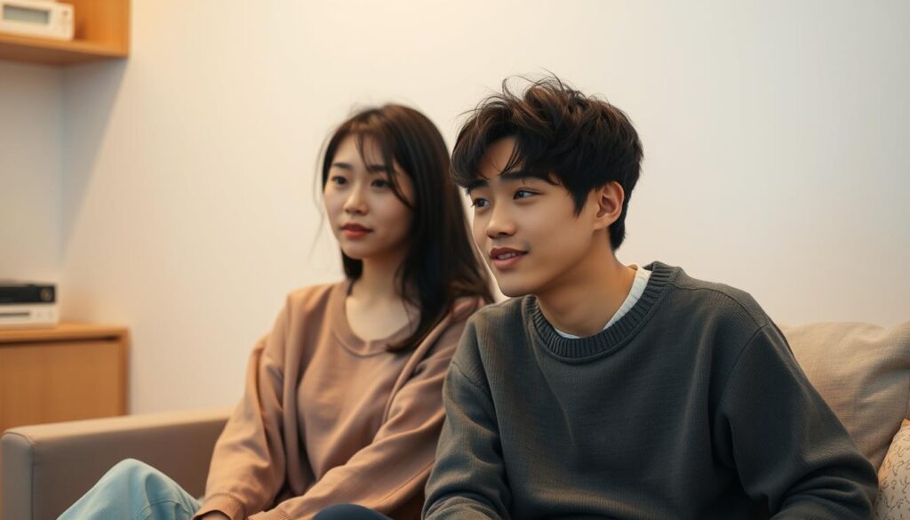 A tranquil scene depicting the private dynamics between two young Japanese individuals, a woman with a reserved, introspective demeanor and a man with a more outgoing, expressive presence. They are situated in a softly lit, minimalist indoor setting, perhaps a shared living space, where the interplay of their personalities is subtly conveyed through their body language and the way they interact. The composition utilizes a shallow depth of field to focus attention on the central figures, creating an intimate, relatable atmosphere. Subtle ambient lighting casts warm tones, complementing the serene, thoughtful mood of the scene.