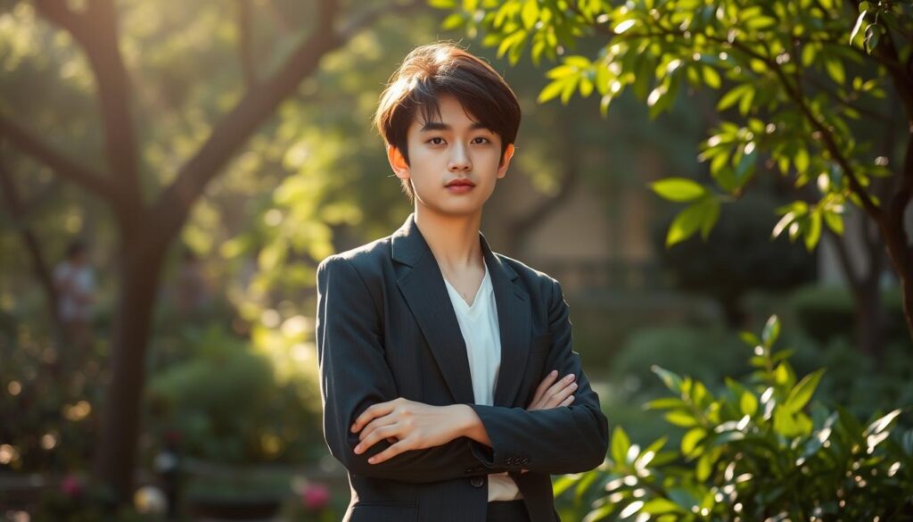 A tranquil scene depicting the strengths of the intermediate personality type, showcasing a harmonious blend of introversion and extroversion. A young Japanese-looking model stands in a serene garden, their confident yet contemplative expression conveying a balance of analytical precision and adaptable spontaneity. Gentle sunlight filters through the lush foliage, casting a warm glow and creating a sense of inner serenity. The model's posture and attire suggest a refined, professional demeanor, while their relaxed stance hints at a versatile and well-rounded nature. The overall atmosphere invites the viewer to appreciate the unique advantages of this balanced personality archetype.