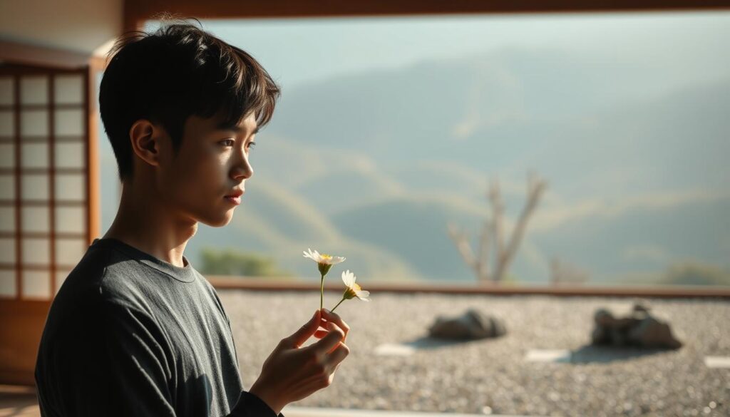 A tranquil scene in a thoughtful Japanese-inspired setting. The foreground features a young, introspective INFP male with a calm, enigmatic expression, gazing intently at a delicate flower in his hand. The middle ground showcases a minimalist, zen-like garden with raked gravel and carefully placed rocks, suggesting a contemplative atmosphere. The background is a softly blurred, muted natural landscape, evoking a sense of serenity and inner reflection. The lighting is natural and diffused, creating a serene, atmospheric mood. The overall composition and color palette convey the essence of understanding one's personal preferences and emotional awareness.