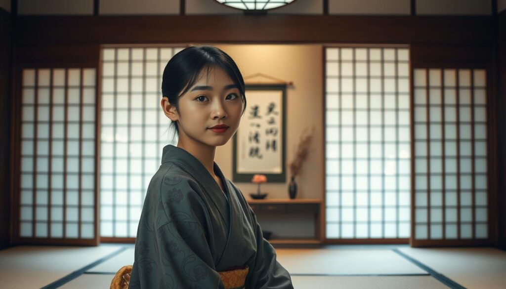 A tranquil scene of a traditional Japanese room, with natural lighting filtering through shoji screens. In the foreground, a young Japanese woman sits serenely, her expression conveying a sense of comfort and security. She is dressed in a simple yet elegant kimono, her hair neatly tied back. Behind her, the middle ground showcases a meticulously arranged alcove displaying a calligraphic scroll and a delicate flower arrangement, embodying the harmony of traditional values. The background subtly hints at the outdoors, with a garden visible through the translucent screens, evoking a feeling of connection to nature and the passing of time. The overall atmosphere radiates a sense of peace, order, and timeless traditions that provide a deep, reassuring presence.