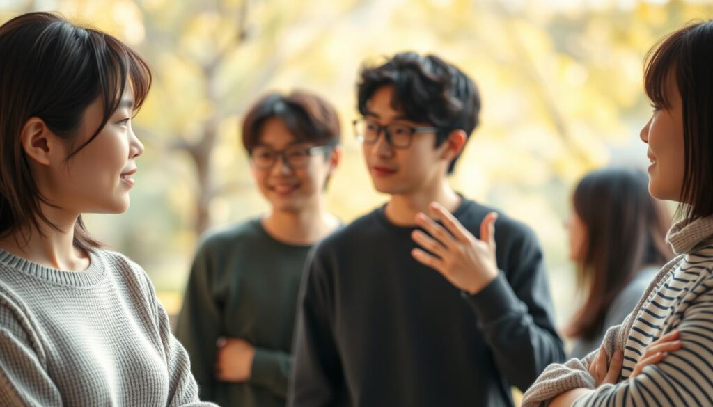 A tranquil scene of four young Japanese individuals engaging in thoughtful dialogue, their diverse communication styles subtly intertwined. The foreground features two figures facing each other, their body language and facial expressions suggesting an earnest exchange. In the middle ground, another pair converse, their gestures and gazes conveying a more animated discourse. The background is softly blurred, creating a sense of intimacy and focus on the interpersonal interactions. Warm, natural lighting illuminates the scene, lending a sense of openness and comfort. Captured with a shallow depth of field, the image emphasizes the nuanced differences in communication styles between the individuals.
