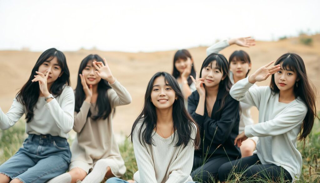 A tranquil scene of free self-expression, featuring a group of young Japanese models with dark hair posing in a serene natural setting. Soft, diffused natural lighting illuminates their relaxed, contemplative expressions as they engage in a variety of unique, personalized gestures and poses, reflecting their individual creativity and authenticity. The middle ground showcases a minimalist, earthy backdrop, allowing the models' expressive movements to take center stage. An overall sense of freedom, introspection, and the joy of unrestrained self-discovery permeates the image.