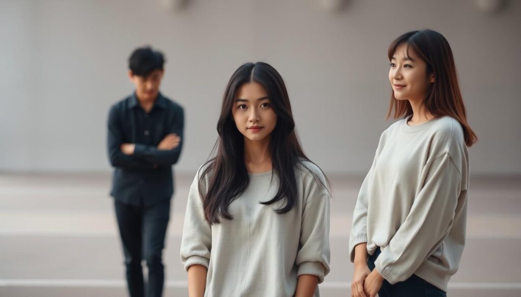 A tranquil scene of three young Japanese individuals standing in a serene, minimalist setting. The foreground features a woman with long, dark hair standing in the center, her expression thoughtful and contemplative. To her left, a man with a focused demeanor, his eyes downcast as he appears to be considering a plan of action. On the right, another woman with a warm, open countenance, her body language suggesting a willingness to collaborate. The middle ground is characterized by clean, uncluttered lines and muted, earthy tones, creating a sense of calm and balance. The background is subtly blurred, allowing the figures to take center stage and emphasize the interpersonal dynamics at play. Soft, diffused lighting illuminates the scene, evoking a sense of introspection and the potential for meaningful progress.