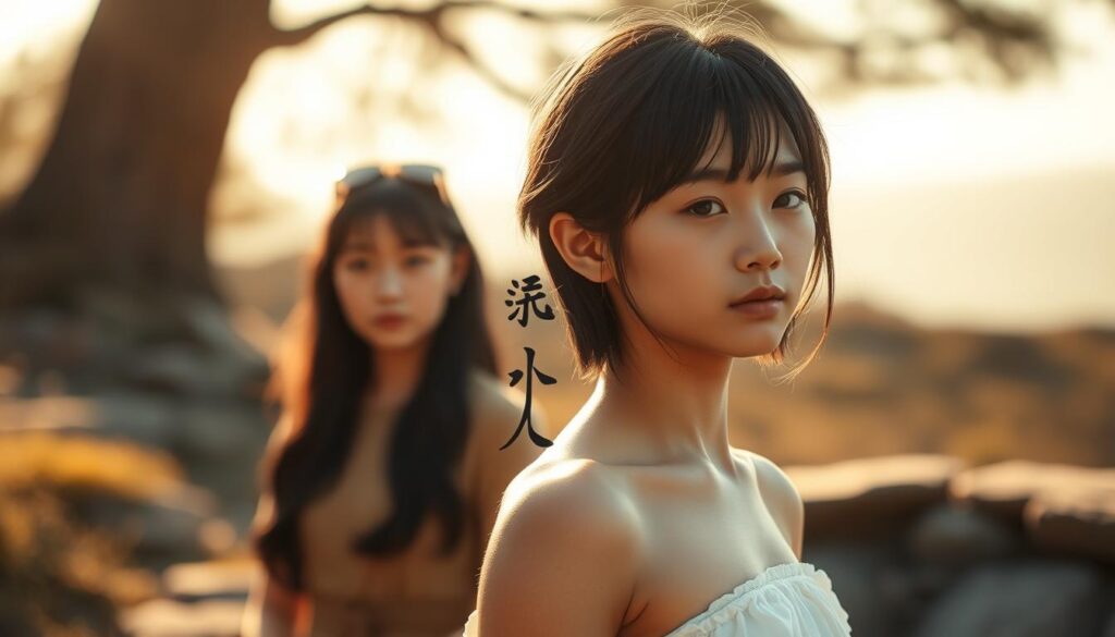 A tranquil scene of two individuals, one representing logic and the other emotion, standing in harmonious balance. The figures are depicted as young Japanese-looking models with dark hair, rendered in a realistic photographic style. Soft natural lighting casts a warm glow, creating an atmosphere of contemplative introspection. The foreground focuses on the models' serene expressions and body language, conveying a sense of inner equilibrium. The middle ground features symbolic elements alluding to the integration of analytical and intuitive faculties. The background subtly suggests a serene, contemplative setting, enhancing the overall sense of harmony.