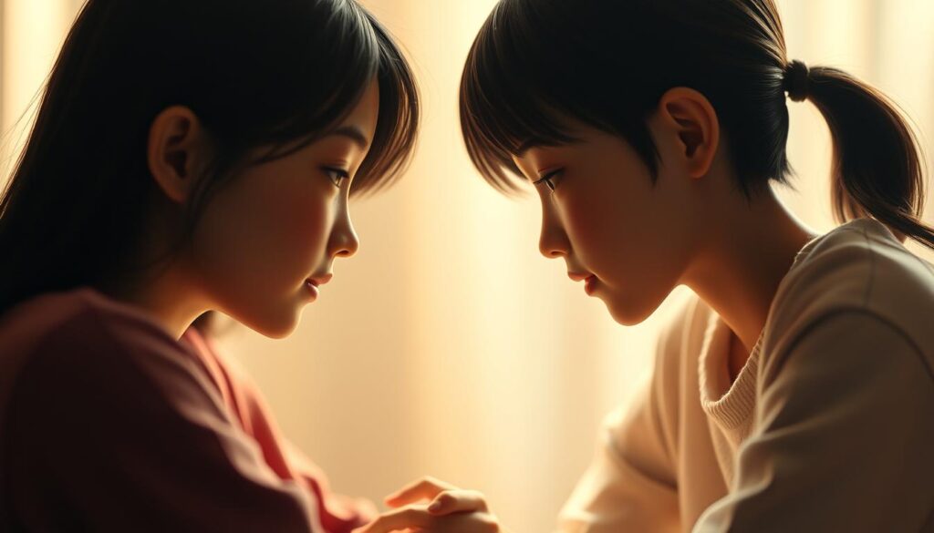 A tranquil scene of two people sitting face-to-face, their expressions serene and attentive. Soft, warm lighting illuminates their features, creating a sense of intimacy and understanding. The background is blurred, allowing the focus to remain on their interaction. The figures are lifelike, with youthful, Asian-inspired features, their gazes locked in a moment of deep connection. This scene conveys the power of mutual comprehension, where differences are set aside, and a shared wavelength is established through empathetic listening and genuine curiosity.