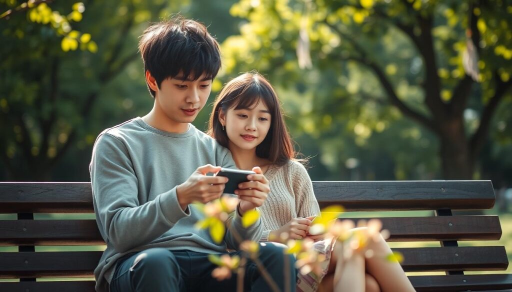 A tranquil scene of two young Japanese individuals, a man and a woman, seated together on a park bench. The couple is deeply immersed in a shared hobby, their eyes and expressions filled with a sense of connection and mutual understanding. The foreground is bathed in soft, natural lighting, highlighting the warmth and intimacy of their interaction. In the background, a lush, verdant park setting provides a calming, idyllic backdrop, reinforcing the notion of a harmonious, blossoming relationship built upon shared passions and interests.
