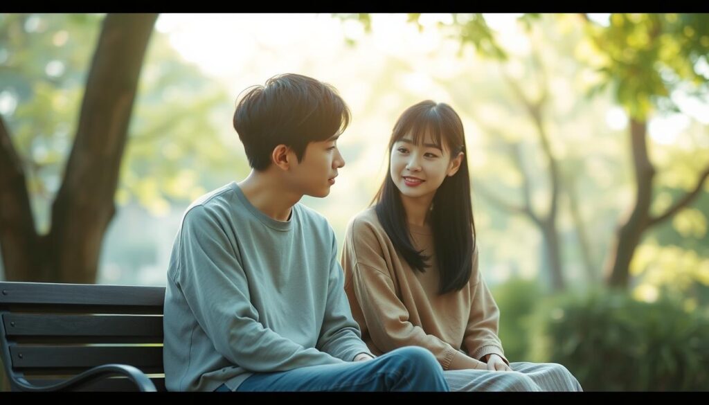 A tranquil scene of two young Japanese individuals, a man and a woman, sitting together on a bench in a serene, sunlit garden. The pair are engaged in deep conversation, their body language and facial expressions conveying a sense of trust, empathy, and mutual understanding. The man leans slightly forward, his gaze intent and focused, while the woman's posture is open and receptive. Soft, diffused lighting filters through the trees, creating a warm, intimate atmosphere that enhances the emotional connection between the two figures. The background is gently blurred, allowing the viewer to concentrate on the interpersonal dynamics unfolding in the foreground.