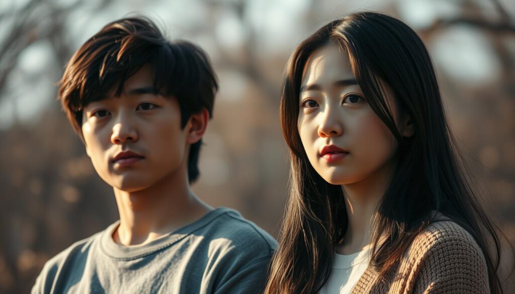 A tranquil scene of two young Japanese individuals, a man and a woman, standing side by side, their expressions conveying a thoughtful, introspective mood. The lighting is warm and natural, casting a soft glow on their features. The background is blurred, allowing the viewer to focus on the subjects and their subtle interplay. The composition is balanced, with the figures positioned in the center, creating a sense of harmony and contemplation. The image captures the nuanced differences and similarities in their social roles and behavioral patterns, inviting the viewer to ponder the complexities of personality and societal expectations.