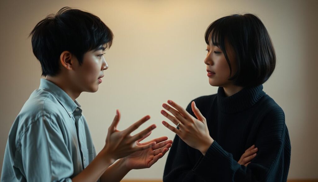 A tranquil scene of two young Japanese individuals engaged in a fluid, expressive dialogue. Soft lighting bathes their faces, highlighting their pensive expressions as they communicate with subtle gestures and intuitive body language. The background is softly blurred, allowing the intimate exchange to take center stage. The composition emphasizes the flexible, adaptable nature of their communication, capturing a moment of deep understanding and empathetic connection. The overall mood is one of thoughtful, nuanced exchange, reflecting the core essence of "柔軟なコミュニケーション手法".