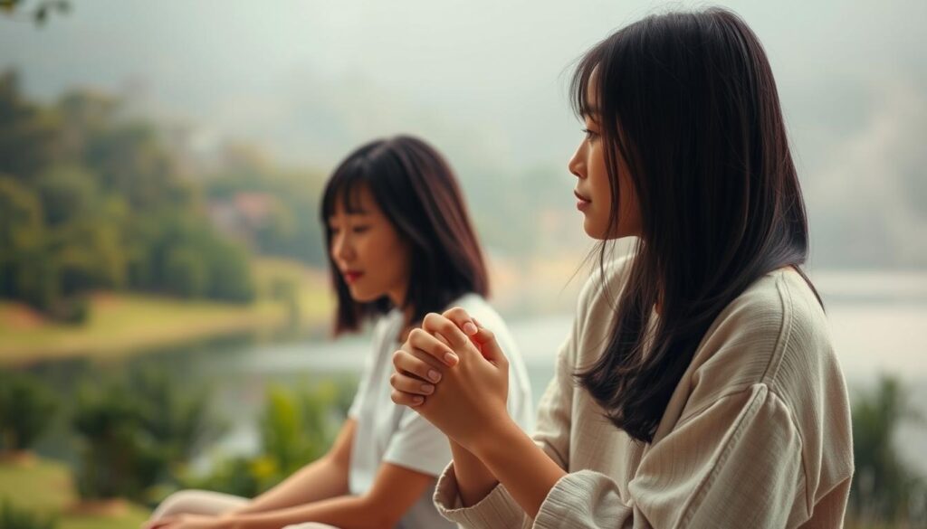 A tranquil scene of two young Japanese individuals sitting together, deep in thought. The soft, warm lighting casts a comforting glow, creating an atmosphere of contemplation and introspection. In the foreground, their hands are clasped, symbolizing the emotional connection they share as they navigate the challenges of their relationship. The middle ground features a serene natural setting, with lush greenery and a calming body of water, suggesting the possibility of finding solace and clarity. In the background, a subtle hazy effect adds depth and a sense of dreamlike serenity, inviting the viewer to immerse themselves in the scene and discover the hints of resolution to the couple's concerns.