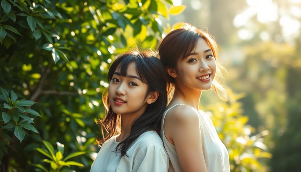 A tranquil scene of two young Japanese individuals standing in a lush, verdant garden, their expressions conveying a sense of harmony and effortless adaptability. Sunlight filters through the leaves, casting a warm, diffused glow that highlights the fluidity of their movements. Their gazes are focused yet serene, embodying a balance between intuition and decisive action. The image captures the essence of flexible responsiveness and instinctive dynamism, reflecting the subject of the article's section on the "Flexibility and Decisive Action" inherent in the ISFP-T personality type.