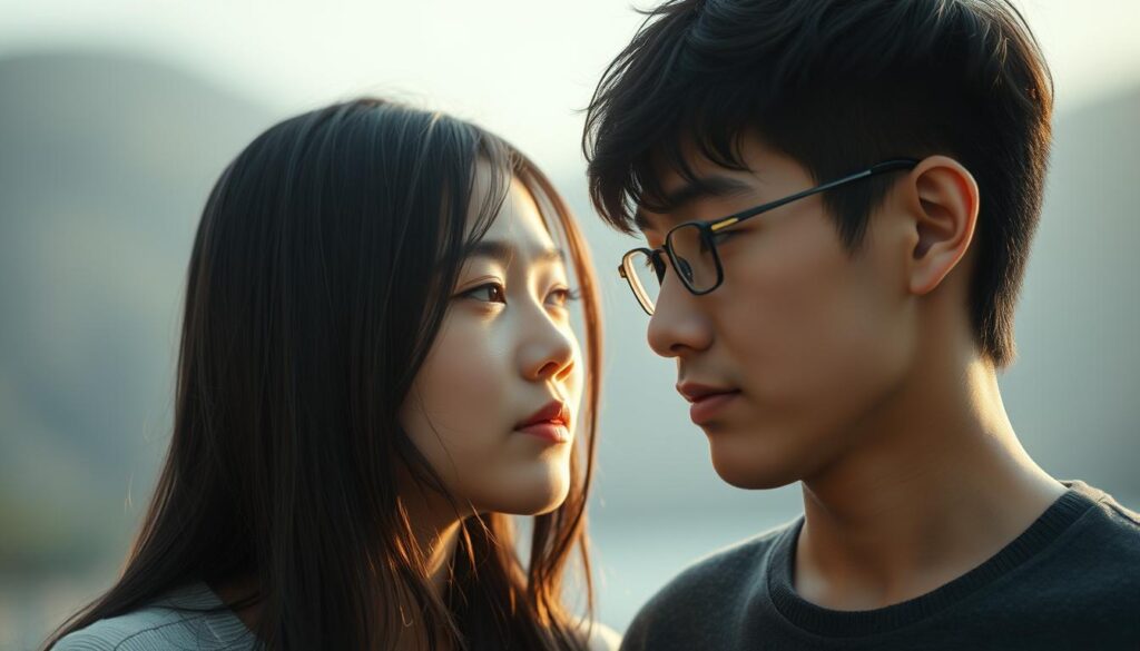 A tranquil scene of two young Japanese individuals, their eyes locked in a profound, empathetic gaze. Soft, diffused lighting illuminates their earnest expressions, conveying a deep emotional connection. The background is blurred, keeping the focus on their intimate exchange. The composition is balanced, with the subjects positioned centrally, highlighting the intensity of their shared understanding. An aura of warmth and understanding permeates the image, reflecting the heart-to-heart connection between these INFP individuals.