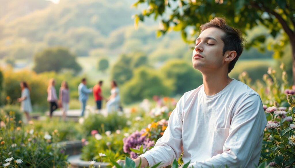 A tranquil scene showcasing the unique strengths of an INFP personality, set against a backdrop of dreamlike scenery. In the foreground, an INFP sits in a serene garden, eyes closed and expression serene, embodying their introspective nature. Surrounding them, other personality types are depicted in the middle ground, each with their own distinct poses and interactions, highlighting the INFP's ability to empathize and connect on a deep level. The background features a lush, ethereal landscape with soft lighting and a sense of calm, underscoring the INFP's connection to the natural world and their pursuit of inner harmony. Overall, the image conveys the INFP's profound emotional intelligence, their compassionate spirit, and their capacity to find beauty in the world around them.