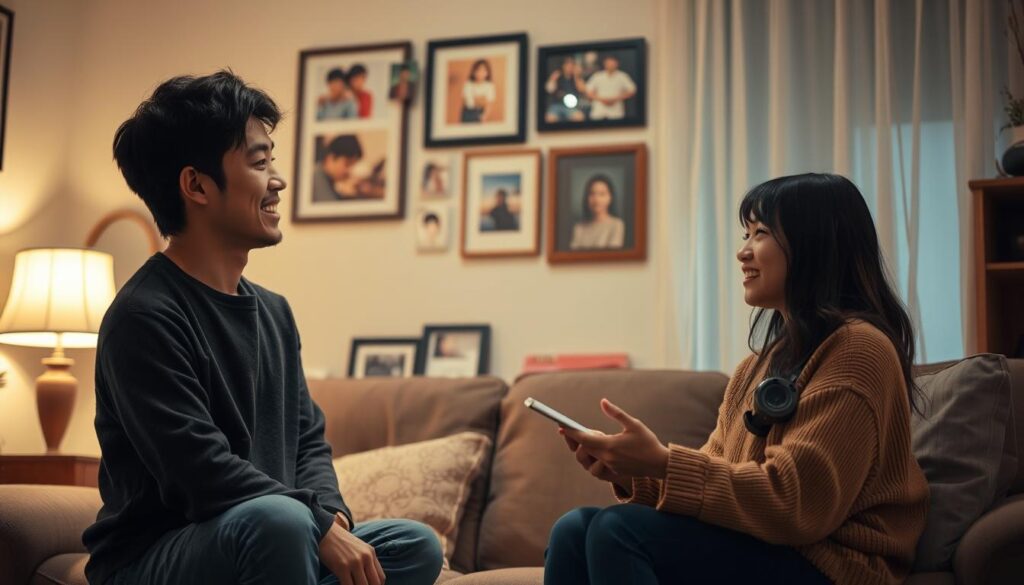 A tranquil scene unfolding in a cozy living room, where two young Japanese-looking individuals, a man and a woman, are engrossed in a lively conversation. The soft lighting casts a warm glow, highlighting their expressions as they discuss their shared interests and passions. In the background, glimpses of framed memories and personal mementos suggest the depth of their friendship and the influence it has on their lives. The overall atmosphere is one of comfort, connection, and the interplay between relationships and hobbies.