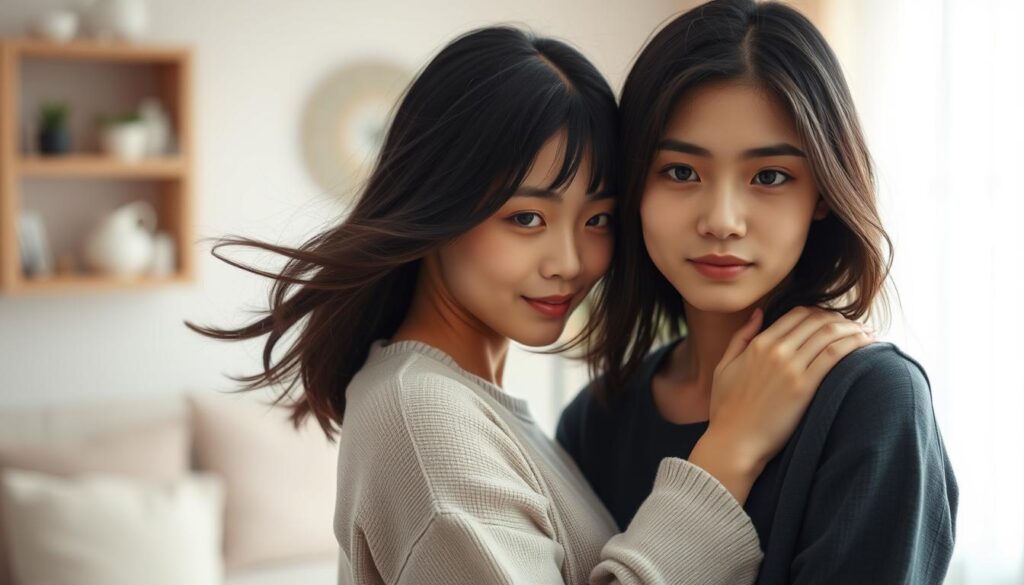 A tranquil, serene scene of an ISFJ man's ideal partner. In the foreground, a young Japanese woman with delicate features and flowing dark hair stands gracefully, her eyes radiating warmth and understanding. The middle ground showcases their affectionate embrace, conveying a deep, unwavering connection. In the soft, hazy background, a cozy, inviting home environment sets the mood, evoking a sense of comfort and security. The lighting is soft and natural, highlighting the tenderness and intimacy of their bond. The overall atmosphere is one of harmony, trust, and mutual respect - the hallmarks of an ISFJ man's vision of the perfect partner.