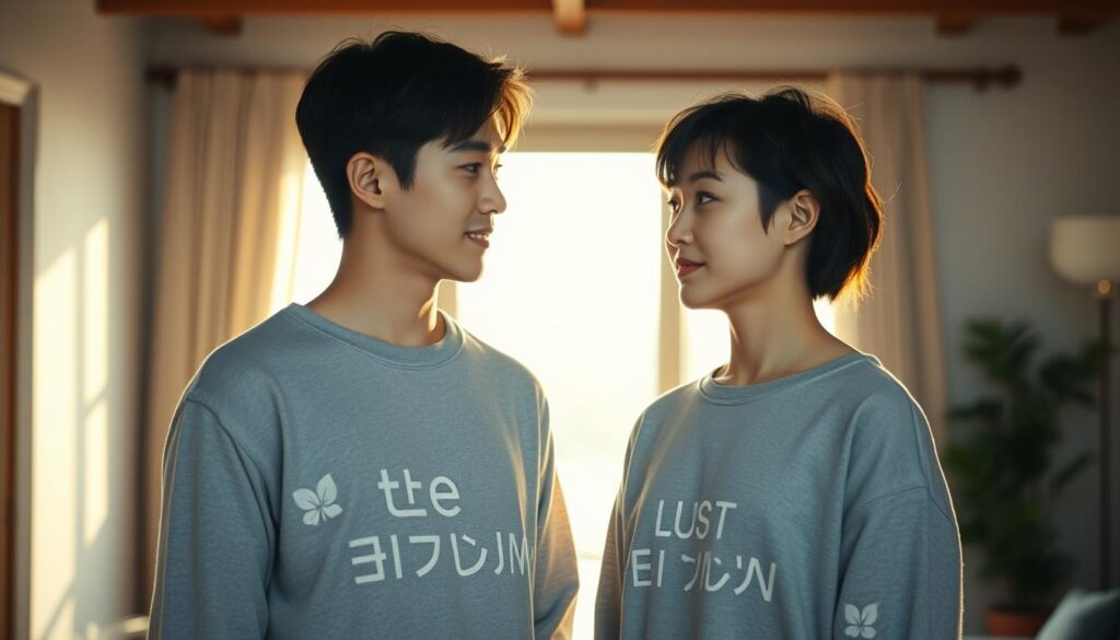 A tranquil, serene scene of two young Japanese individuals standing side by side, gazing into each other's eyes with a sense of mutual understanding and independence. The warm, natural lighting illuminates their faces, capturing the depth of their connection. They are framed against a backdrop of a minimalist, modern living space, reflecting their self-reliance and shared desire for autonomy. The composition emphasizes the balance and harmony between the two figures, conveying the essence of a healthy, autonomous relationship.
