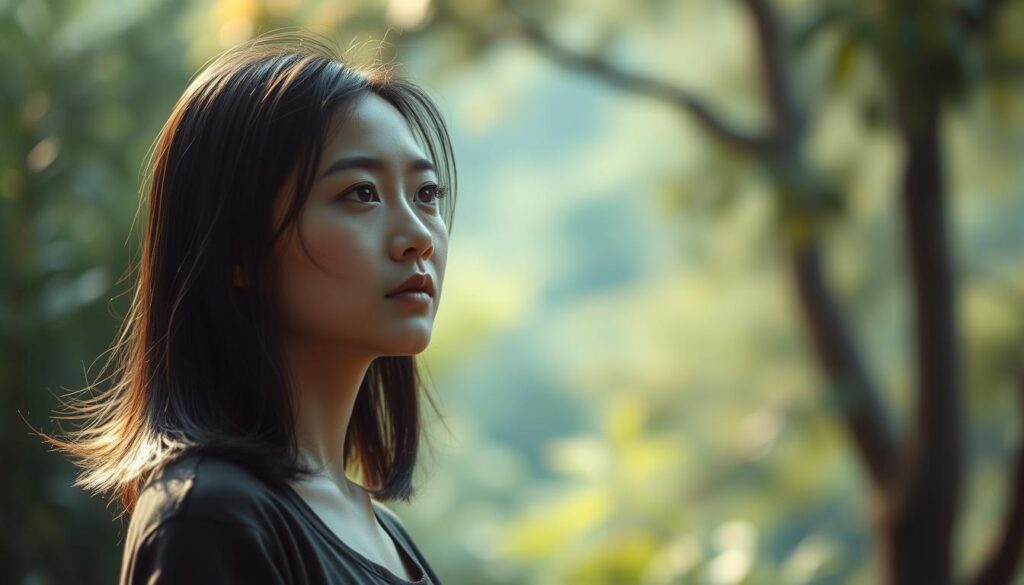 A tranquil, serene setting where a young Japanese woman stands in contemplation, her gaze fixed inward. She exudes a balance of logic and emotion, her expression conveying a thoughtful, introspective demeanor. The lighting is soft and diffused, creating a sense of warmth and introspection. The background is a lush, natural environment, with gentle hues and textures that complement the subject's poise and inner focus. The overall atmosphere evokes a sense of harmony and personal reflection, reflecting the central theme of balancing rational and intuitive processes.