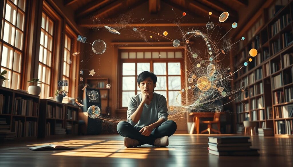 A tranquil study setting, illuminated by warm, natural light filtering through large windows. In the center, a young Japanese individual sits deep in contemplation, their black hair framing a thoughtful expression. Surrounding them, a swirling vortex of abstract shapes and colors - visual representations of the innovative ideas flowing through their mind. The atmosphere is one of focused intensity, as they navigate the creative process, piecing together the unconventional connections that lead to their uniquely insightful perspectives. The scene evokes a sense of the individual's profound, introspective journey towards groundbreaking realizations.