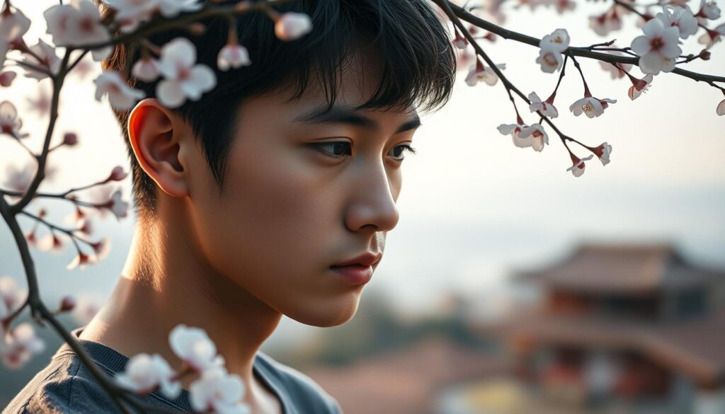 A tranquil tableau capturing the nuanced dynamics of INFP male romance. In the foreground, a pensive young man gazes inwardly, his expressive features reflecting the depth of his emotional world. Surrounding him, delicate cherry blossoms symbolize the fragility and transience of love. The background is a serene Japanese landscape, hinting at the INFP's appreciation for natural beauty and introspection. Soft, warm lighting and a slight hazy effect create an atmosphere of contemplation, inviting the viewer to empathize with the subject's emotional journey. The overall composition conveys the INFP's strengths in sensitivity, idealism, and self-awareness, as well as the challenges they may face in articulating and sharing their complex feelings.