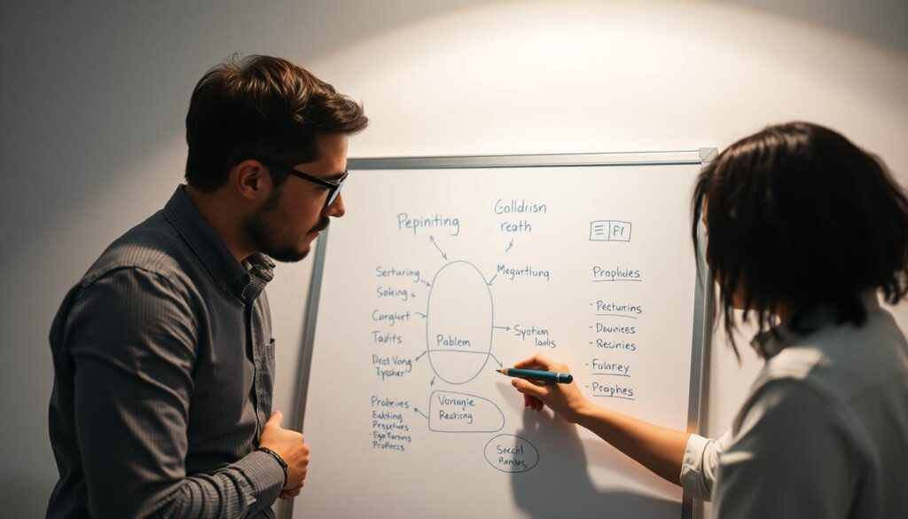 A two-person team collaborates intently, sketching out a problem-solving framework on a whiteboard. Soft, indirect lighting casts a contemplative atmosphere, as the partners lean in, meticulously mapping out interconnected elements. Their faces reflect deep concentration, brows furrowed, as they work to uncover insights and devise practical solutions. The minimalist, modern setting allows the focus to remain on their analytical process, captured from a slightly elevated angle to emphasize their engaged partnership. This image embodies the thoughtful, systematic approach required to tackle complex challenges.