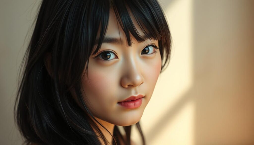 A vibrant and captivating portrait of an ENFP individual, showcasing their multifaceted allure. The subject, a young, Japanese-looking model with striking black hair, is depicted in a realistic, photographic style. The foreground captures their expressive gaze, conveying a sense of curiosity and enthusiasm. The middle ground highlights their dynamic body language, suggesting a diverse range of interests and talents. The background features a subtle, ethereal setting, creating a sense of wonder and possibility, reflecting the ENFP's propensity for exploration and personal growth. Soft, natural lighting illuminates the scene, lending a warm and inviting atmosphere. This image captures the essence of the ENFP's captivating charm, both in and beyond the realm of romantic relationships.