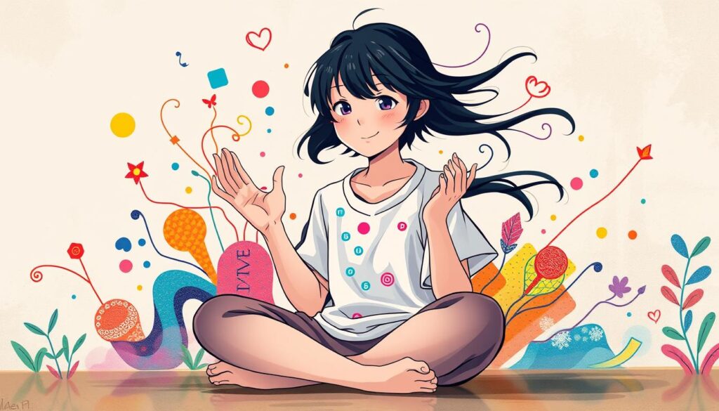 A vibrant and energetic scene showcasing an ENFP's boundless creativity and empathetic nature. In the foreground, a young Japanese-looking person with flowing black hair sits cross-legged, their hands gesturing animatedly as they conjure a colorful, whimsical world around them. The middle ground features a mixture of abstract shapes, swirling lines, and pops of vivid hues, reflecting the ENFP's imaginative and intuitive mind. In the background, a soft, dreamy atmosphere sets the stage, with muted tones and a hint of natural elements, conveying the ENFP's deep connection to the world and their ability to see the beauty in everything. The overall mood is one of boundless inspiration, emotion, and the power of the ENFP's unique perspective.
