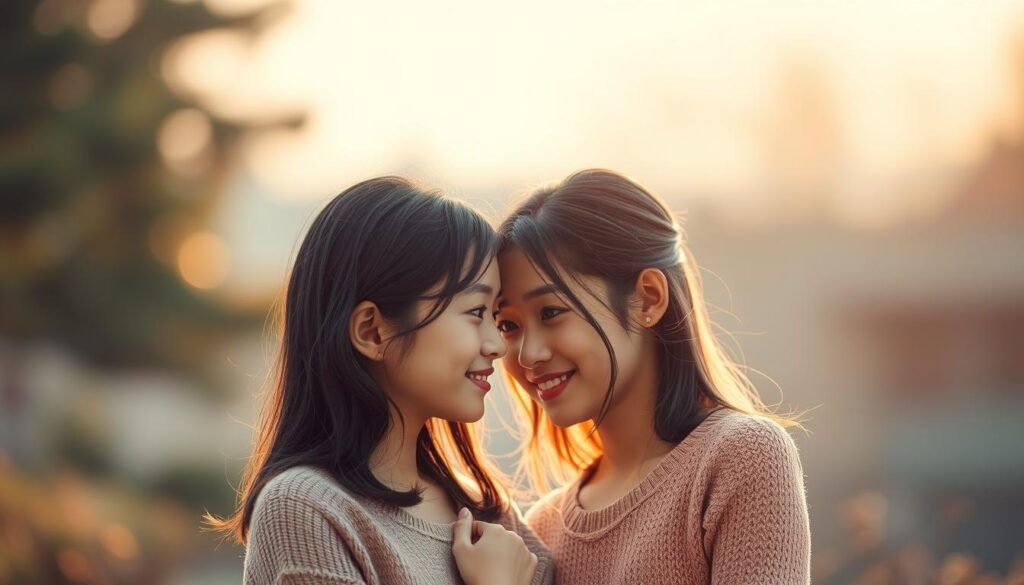 A vibrant and harmonious illustration of INFJ personality type compatibility. Portraits of two young Japanese-looking models, both with warm, thoughtful expressions, facing each other in a serene, softly-lit setting. The foreground features their connected gaze and subtle gestures, conveying a sense of understanding and mutual appreciation. The background is gently blurred, creating a sense of intimacy and focus on the central figures. Realistic, high-quality photographic style, with gentle lighting and muted color tones that evoke a contemplative, introspective mood. A vibrant and harmonious illustration of INFJ personality type compatibility. Portraits of two young Japanese-looking models, both with warm, thoughtful expressions, facing each other in a serene, softly-lit setting. The foreground features their connected gaze and subtle gestures, conveying a sense of understanding and mutual appreciation. The background is gently blurred, creating a sense of intimacy and focus on the central figures. Realistic, high-quality photographic style, with gentle lighting and muted color tones that evoke a contemplative, introspective mood.