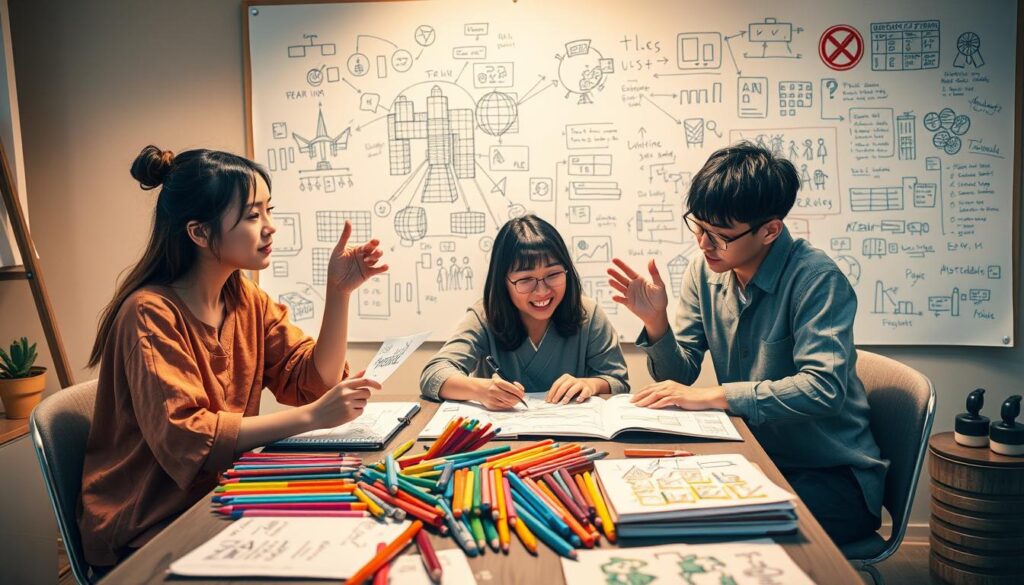 A vibrant and imaginative scene showcasing a group of young, Japanese-inspired individuals deeply immersed in the creative process. In the foreground, three figures sit around a table, sketching, brainstorming, and gesturing animatedly as they bring their ideas to life. Soft, warm lighting illuminates their focused expressions, while the middle ground features a vibrant display of colored pencils, markers, and open notebooks overflowing with doodles and mind maps. In the background, a large whiteboard filled with scribbles, diagrams, and concept sketches provides a glimpse into the boundless creativity at work. The overall atmosphere is one of dynamic collaboration, intellectual curiosity, and the joyful pursuit of innovative solutions.