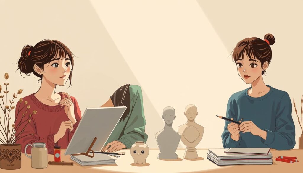 A vibrant and modern illustration depicting the creative potential of ISFP personalities. A trio of young, Japanese-looking models exude an aura of artistic passion and sensibility. Soft, natural lighting illuminates their thoughtful expressions as they engage in various creative pursuits - painting, sculpting, and sketching. The background features a minimalist, yet visually striking environment, with clean lines and muted, earthy tones that complement the models' aesthetic. The overall mood is one of contemplation, imagination, and the boundless creative energy that embodies the ISFP archetype.