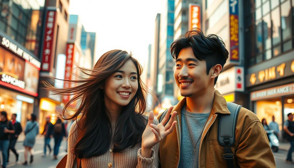 A vibrant, candid scene of a young Japanese couple on an active date. In the foreground, the woman enthusiastically gestures, her hair flowing as she suggests an adventurous activity. Her partner, a calm yet intrigued expression, listens intently, considering her proposal. The middle ground showcases a bustling urban setting, with the pair framed by a lively cityscape of modern architecture and neon-lit streets. Warm, golden-hour lighting casts a romantic glow, capturing the energy and spontaneity of their active date night. Realistic, high-resolution photographic quality, with a focus on capturing the natural expressions and body language of the subjects.