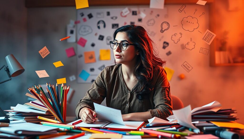 A vibrant, creative workspace with an ENTP woman at the center, surrounded by a flurry of ideas. Colored pencils, sketchpads, and scribbled notes fill the foreground, hinting at the rapid ideation process. The woman, focused yet brimming with energy, sits amidst a whirlwind of colorful papers and thought bubbles, capturing the essence of an "idea flood." Warm, diffused lighting casts a contemplative glow, while the background fades into a hazy, dreamlike state, symbolizing the boundless potential of the ENTP mind. The overall scene conveys a sense of dynamic creativity, spontaneity, and the unbridled exploration of novel concepts.