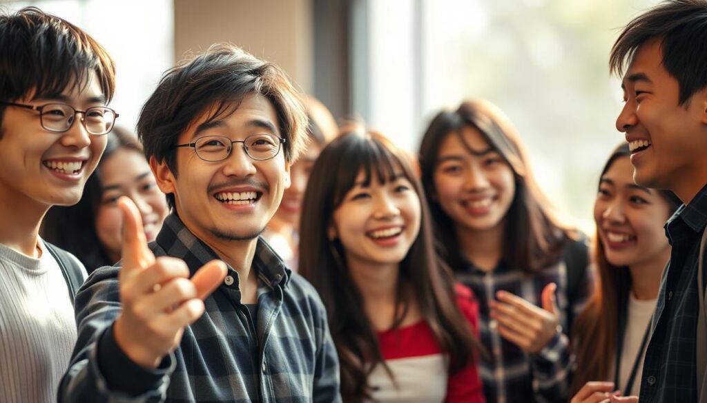 A vibrant group of young Japanese individuals, their expressive faces radiating warmth and energy. In the foreground, a charismatic figure gestures animatedly, capturing the essence of an ENFP's engaging personality. The middle ground showcases a lively conversation, with friends exchanging ideas and emotions, reflecting the ENFP's strong interpersonal skills. The background blurs softly, placing the focus on the centralized dynamics, illuminated by natural, diffused lighting that adds a sense of depth and intimacy. This scene encapsulates the ENFP's ability to build meaningful connections, their adaptability, and their enthusiasm in fostering a harmonious social environment.