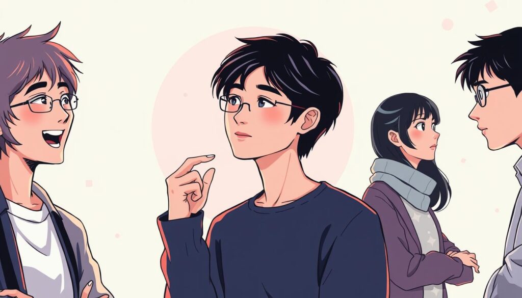 A vibrant illustration depicting the diverse communication styles of young Japanese individuals. The foreground showcases three individuals - an animated extrovert, a thoughtful introvert, and a reserved observer. They are captured in natural, candid poses, their facial expressions and body language conveying distinct communication preferences. The middle ground features a subtle Japanese-inspired background, with minimal geometric patterns and soft, muted colors. The lighting is soft and diffused, creating a calming, introspective atmosphere that invites the viewer to explore the nuances of interpersonal dynamics. The overall composition emphasizes the contrast and interplay between the different communication archetypes, offering a visually compelling representation of the topic at hand.