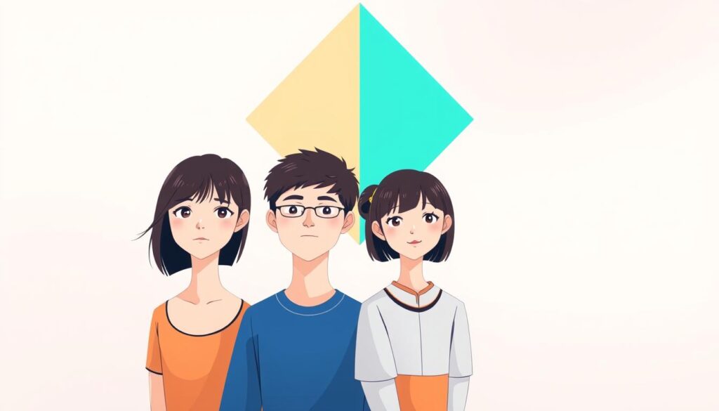 A vibrant illustration depicting the four core elements of MBTI personality types. In the foreground, four young Japanese-looking individuals, each with distinct facial expressions and body language, symbolizing the introverted, extraverted, sensing, and intuitive traits. The middle ground features a minimalist, colorful backdrop, with geometric shapes and gradients representing the thinking, feeling, judging, and perceiving elements. The background is softly lit, creating a serene, contemplative atmosphere, inviting the viewer to explore the nuances of MBTI personality theory.