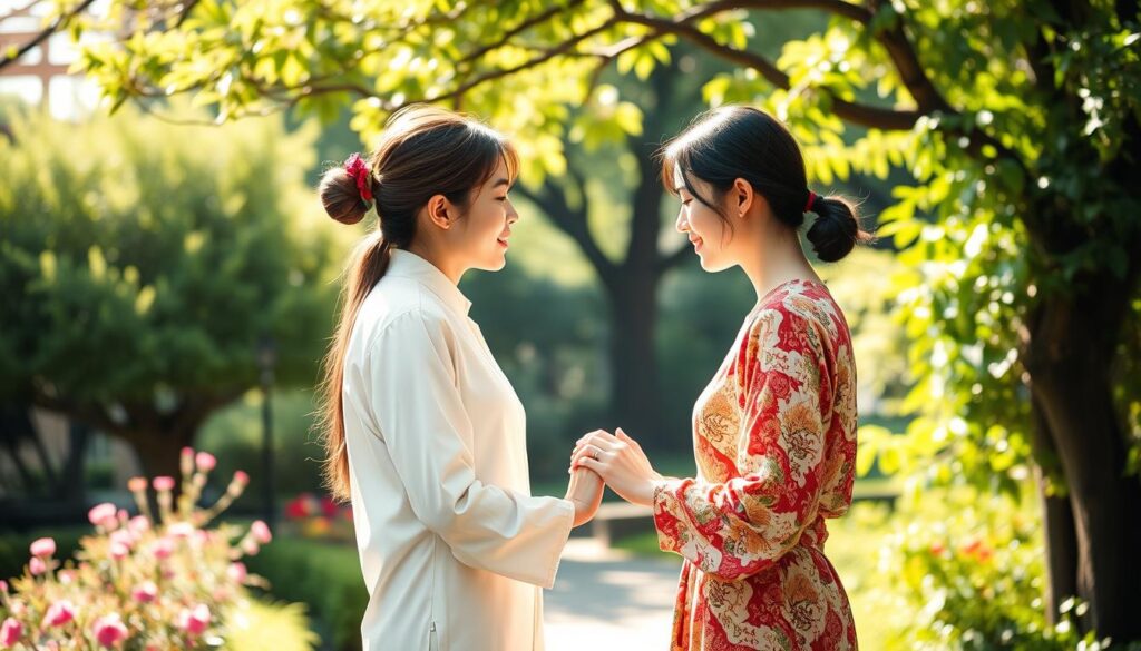 A vibrant illustration of the strengths of ESFJ and ENFP personalities in love. Set in a serene, sun-dappled garden, two young Japanese-looking models stand face-to-face, radiating warmth and connection. The ESFJ model, poised and nurturing, gently holds the hands of the more expressive, imaginative ENFP partner. Their complementary energies create a captivating harmony, suggesting how each type's unique strengths can be harnessed to enrich their relationship. Soft lighting and a lush, verdant backdrop imbue the scene with a sense of tranquility and mutual understanding.