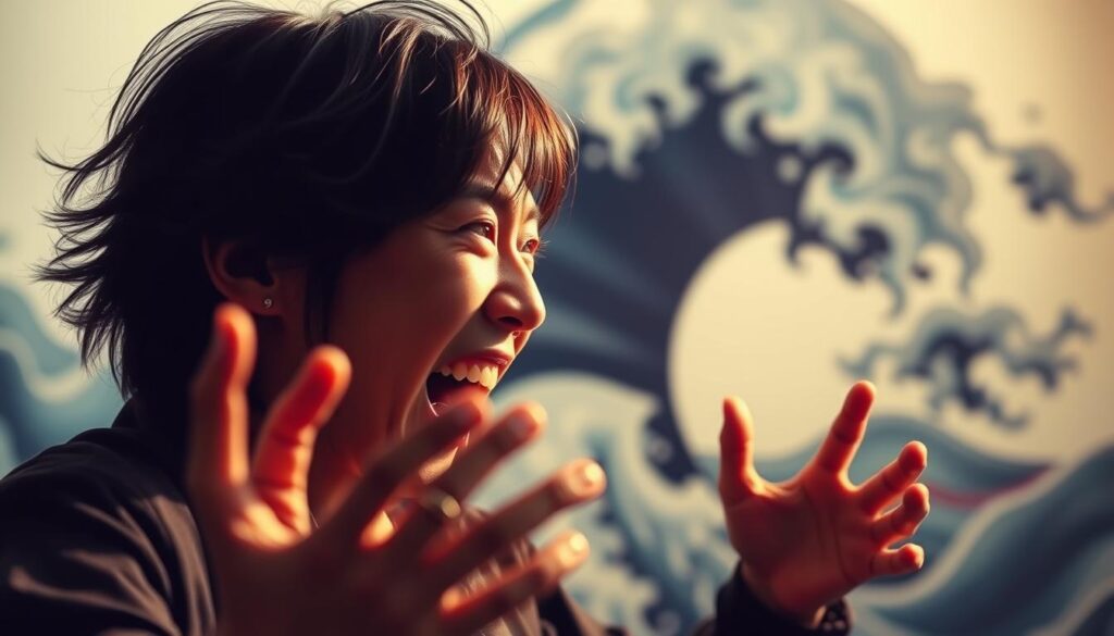 A vibrant, passionate scene depicting the emotional waves of a young Japanese person's work life. In the foreground, a figure gesticulates wildly, their dark hair and intense expression conveying a sense of fiery intensity. The middle ground features a swirling, turbulent backdrop of undulating lines and shapes, evoking the tumultuous ebb and flow of work-related feelings. The background is softly blurred, lending a dreamlike quality to the overall image. Dramatic lighting casts dramatic shadows, heightening the sense of dynamic movement and inner turmoil. Captured with a shallow depth of field, the focus remains firmly on the central figure's emotive display against a subtly abstracted, yet deeply evocative environment.