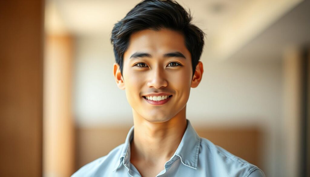 A vibrant, realistic portrait of a young, Japanese-looking man with a warm, captivating gaze. He stands tall, exuding a confident, charismatic presence. His features are delicate yet masculine, with striking, dark eyes and neatly styled black hair. Dressed casually in a crisp, well-fitted shirt, he emanates an air of intelligence and approachability. The lighting is soft and natural, creating a serene, inviting atmosphere. The background is blurred, allowing the subject to be the focal point, drawing the viewer's attention to his sincere, expressive demeanor - the embodiment of an ENFP man's ideal partner.