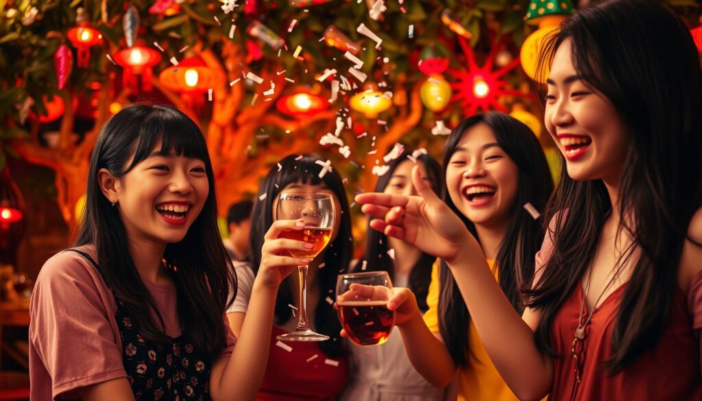 A vibrant scene unfolds, showcasing a group of young, Japanese-looking models engaging in a delightfully spontaneous celebration. In the foreground, two models playfully toss confetti into the air, their expressions filled with excitement and joy. In the middle ground, another model raises a glass, their laughter and camaraderie palpable. The background is lush and vibrant, with warm lighting that creates a cozy, intimate atmosphere, inviting the viewer to join in the festivities. The overall composition is dynamic and visually captivating, capturing the essence of a "unique and surprising celebration" that perfectly aligns with the article's title and subject matter.