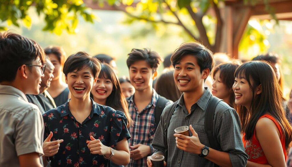 A vibrant social gathering, filled with the energy and charm of ESFPs. In the foreground, a group of young Japanese-looking individuals engage in lively conversation, their expressive faces and animated gestures capturing the essence of their extroverted nature. The middle ground showcases the ESFP's keen observational skills, as they effortlessly navigate the scene, taking in the details and subtleties around them. The background is a beautifully lit, naturalistic setting, evoking a sense of warmth and connection that embodies the ESFP's social magnetism. High-resolution, photorealistic, natural lighting.