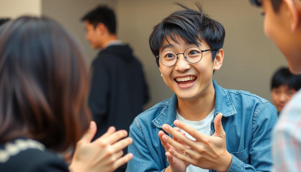 A vibrant, socially-engaged Japanese person with an eager, curious expression engages in a lively conversation, their animated gestures and sparkling eyes conveying a genuine fascination with their dialogue partner. The scene is captured in a warm, natural lighting that accentuates the subject's youthful, expressive features. The background is a blurred, neutral setting that allows the focus to remain on the person's engaging body language and genuine interest in the exchange.