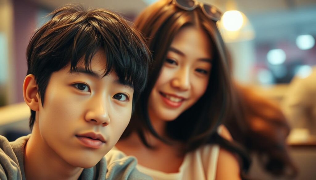 A vibrant yet intimate scene of two friends, their connection palpable in the warm lighting and close proximity. The foreground depicts their faces, expressions earnest and engaged, conveying a sense of mutual understanding. In the middle ground, their bodies lean towards each other, subtly mirroring one another's posture. The background is softly blurred, focusing the viewer's attention on the complementary dynamic between the two young Japanese-looking individuals. An atmosphere of trust, care, and genuine rapport permeates the image, reflecting the nuances of a fulfilling friendship.