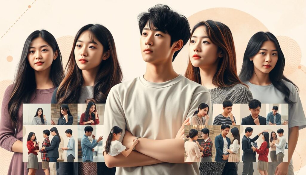 A visually striking collage depicting the compatibility of various MBTI personality types, captured in a realistic photographic style. The foreground features a central group of young, Japanese-looking models in a natural, relaxed pose, with thoughtful expressions. The middle ground showcases smaller vignettes showcasing the interactions and dynamics between the different personality types, each distinctly characterized. The background elegantly blends abstract patterns and subtle visual cues that further enhance the overall conceptual theme. The lighting is soft and diffused, creating a warm, contemplative atmosphere that invites the viewer to explore the nuances of interpersonal relationships.