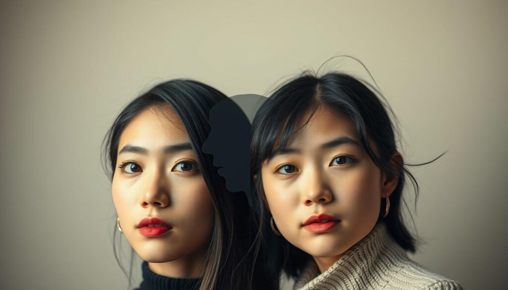 A visually striking comparison of ISTJ and ESTP personality types. In the foreground, two young Japanese models with expressive faces embody the contrasting traits - the ISTJ's calm, analytical demeanor juxtaposed with the ESTP's dynamic, adventurous energy. The middle ground features subtly overlapping psychological profiles, hinting at their complementary nature. The background blends soft, muted tones to evoke an introspective, contemplative atmosphere, inviting the viewer to explore the nuances of these two distinct personality archetypes. Balanced lighting and a clean, minimalist composition highlight the models' features and the conceptual essence of the comparison.